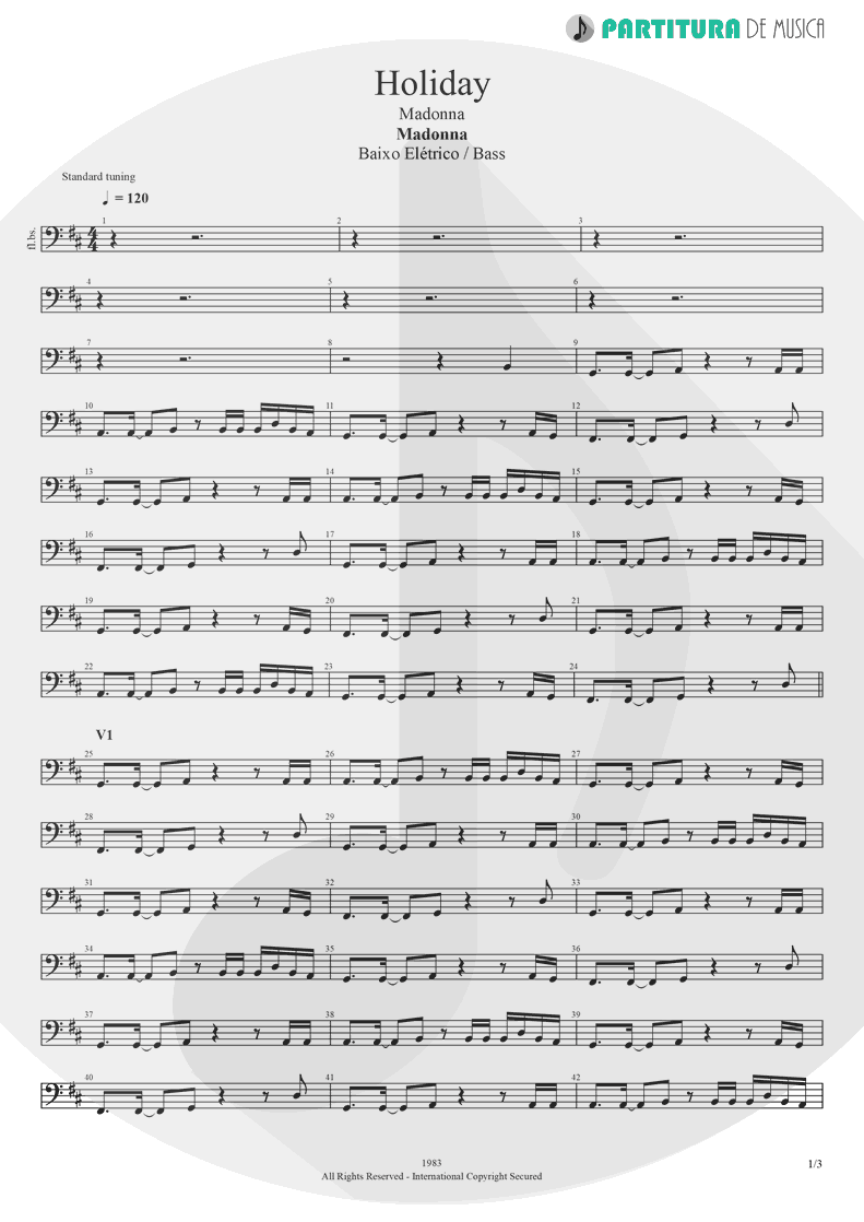 Partitura de musica de Baixo Elétrico - Holiday | Madonna | Madonna 1983 - pag 1