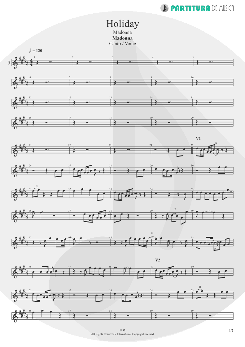 Partitura de musica de Canto - Holiday | Madonna | Madonna 1983 - pag 1