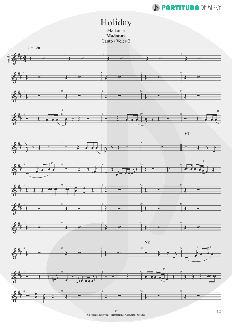 Partitura de musica de Canto - Holiday | Madonna | Madonna 1983 - pag 1