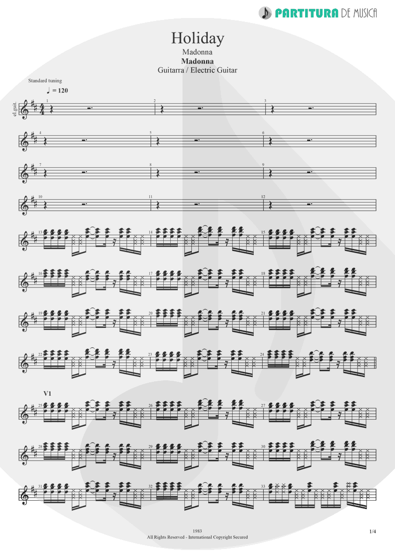 Partitura de musica de Guitarra Elétrica - Holiday | Madonna | Madonna 1983 - pag 1