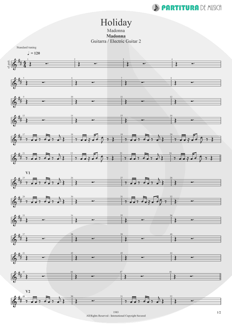 Partitura de musica de Guitarra Elétrica - Holiday | Madonna | Madonna 1983 - pag 1