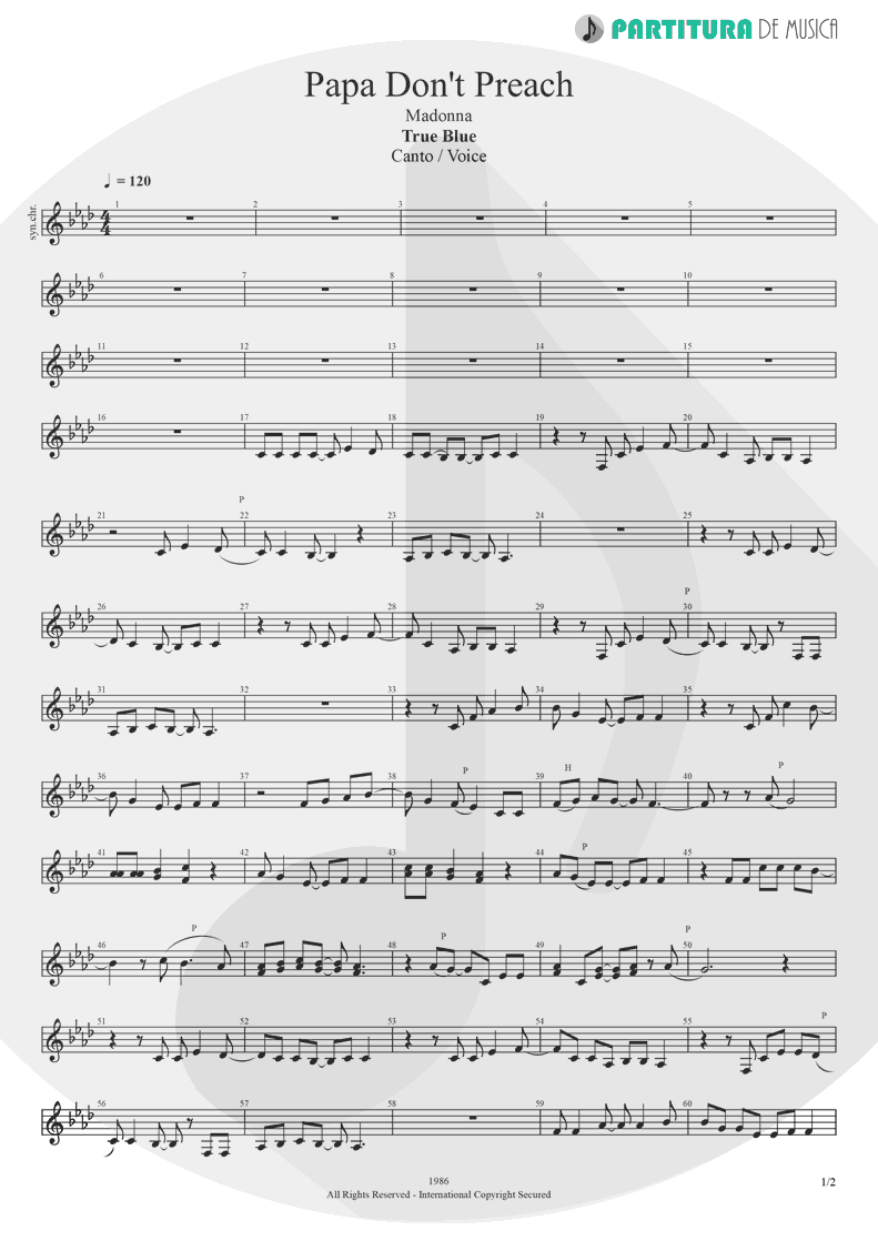 Partitura de musica de Canto - Papa Don't Preach | Madonna | True Blue 1986 - pag 1