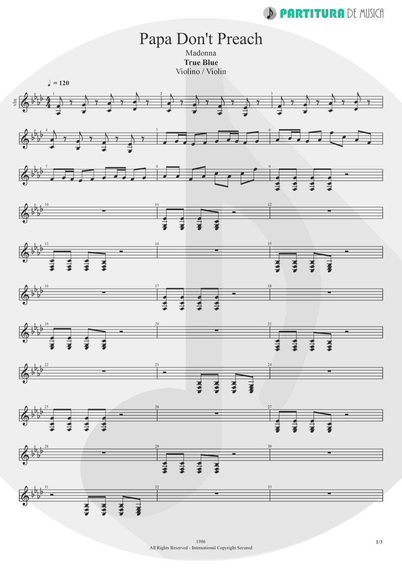 Partitura de musica de Violino - Papa Don't Preach | Madonna | True Blue 1986 - pag 1