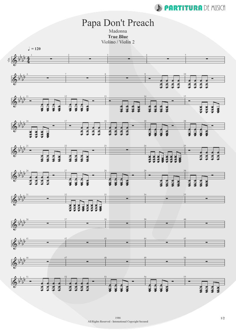 Partitura de musica de Violino - Papa Don't Preach | Madonna | True Blue 1986 - pag 1