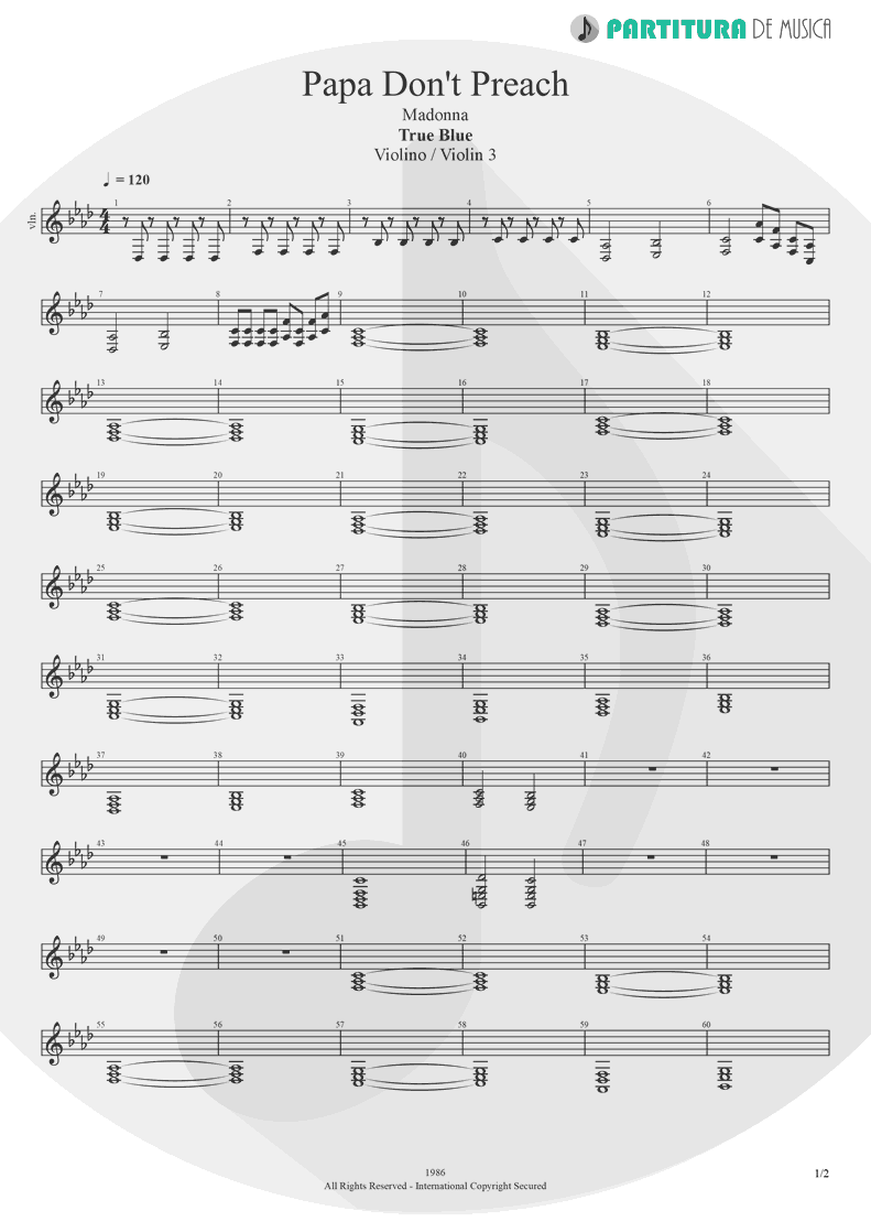 Partitura de musica de Violino - Papa Don't Preach | Madonna | True Blue 1986 - pag 1