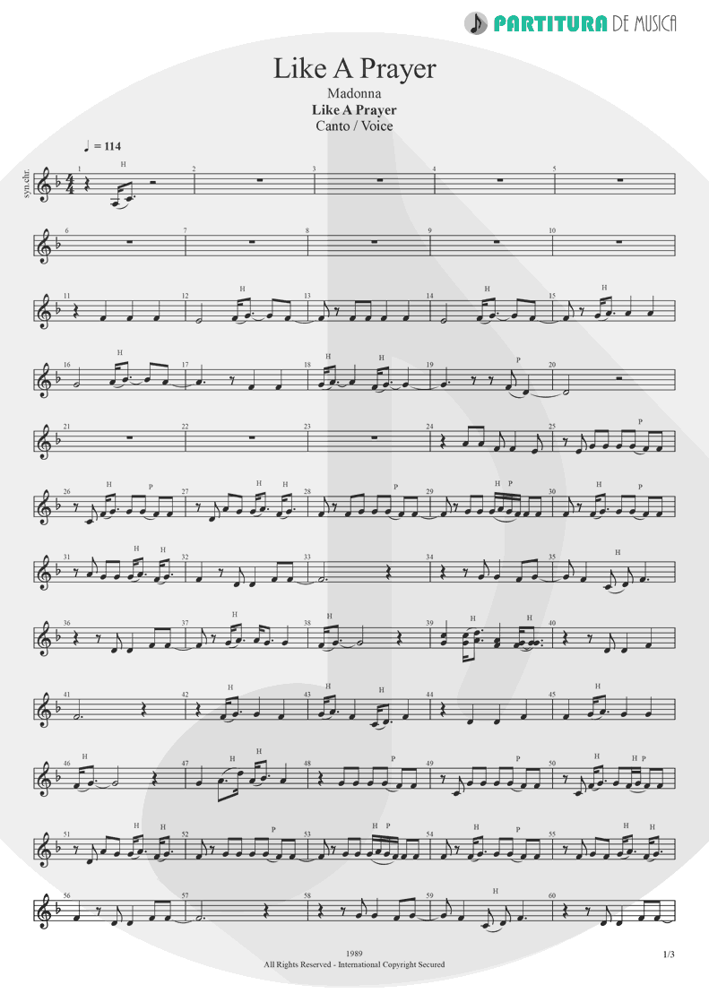 Partitura de musica de Canto - Like A Prayer | Madonna | Like a Prayer 1989 - pag 1