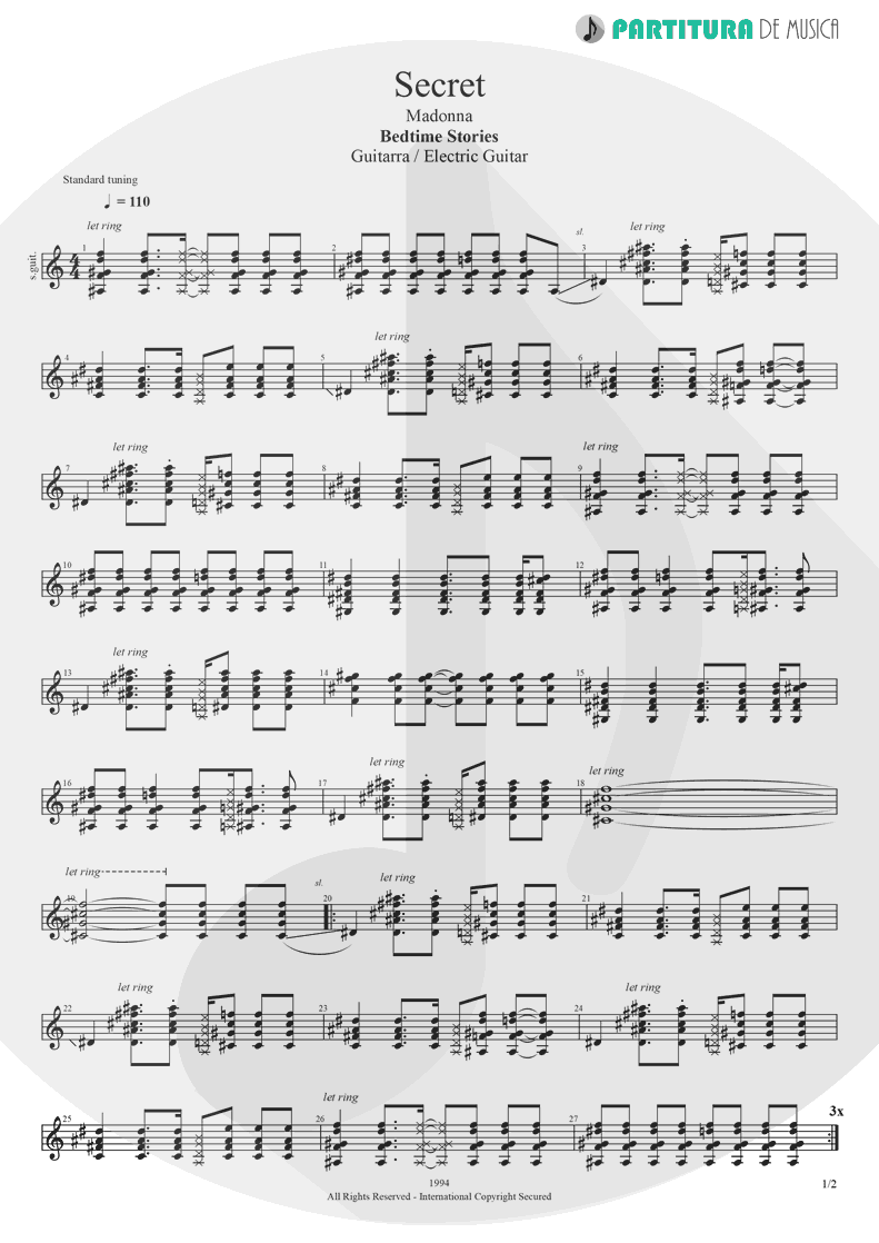 Partitura de musica de Guitarra Elétrica - Secret | Madonna | Bedtime Stories 1994 - pag 1