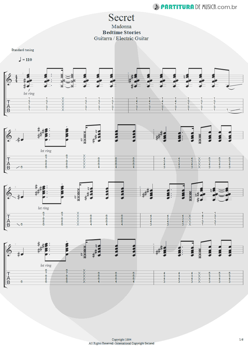 Tablatura + Partitura de musica de Guitarra Elétrica - Secret | Madonna | Bedtime Stories 1994 - pag 1