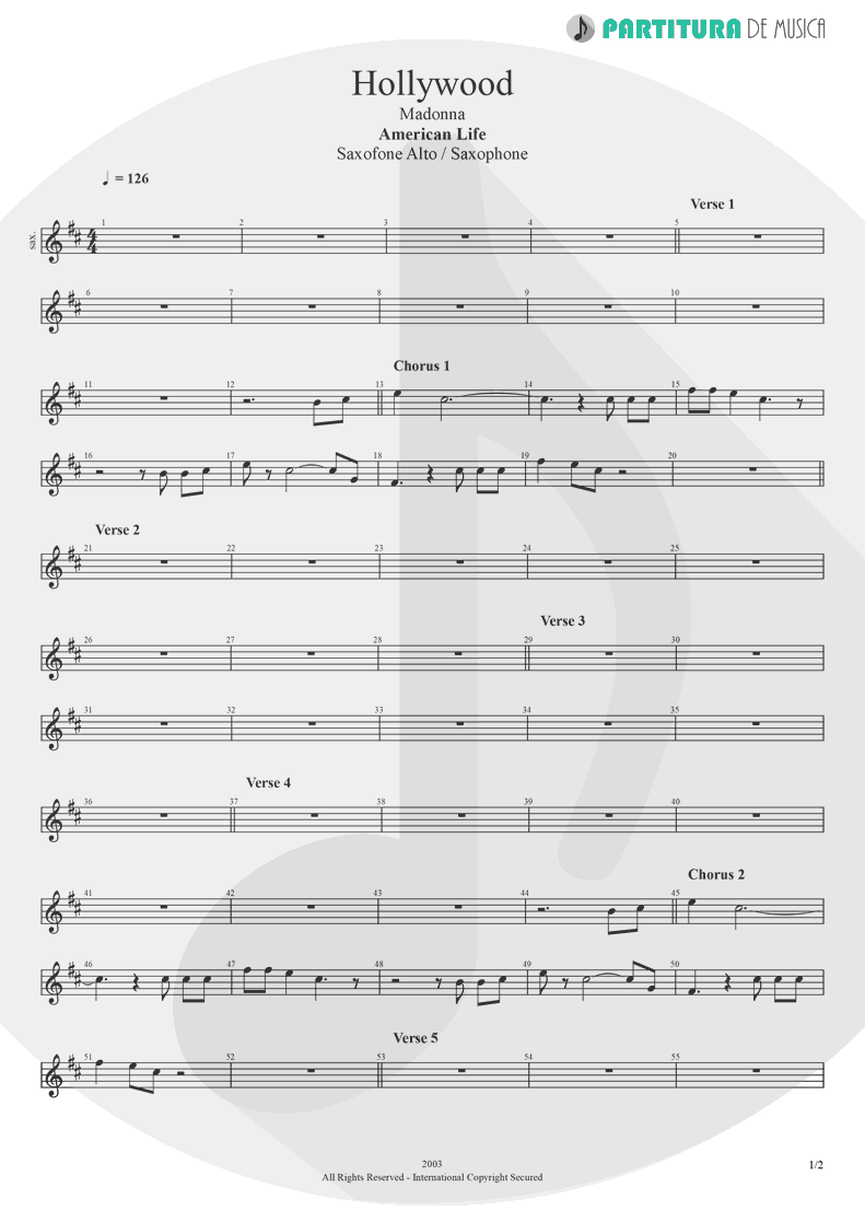 Partitura de musica de Saxofone Alto - Hollywood | Madonna | American Life 2003 - pag 1