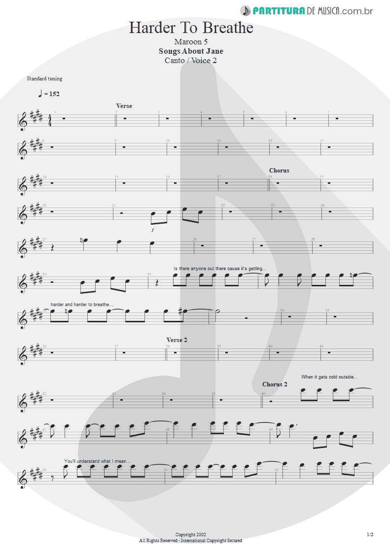 Partitura de musica de Canto - Harder To Breathe | Maroon 5 | Songs About Jane 2002 - pag 1
