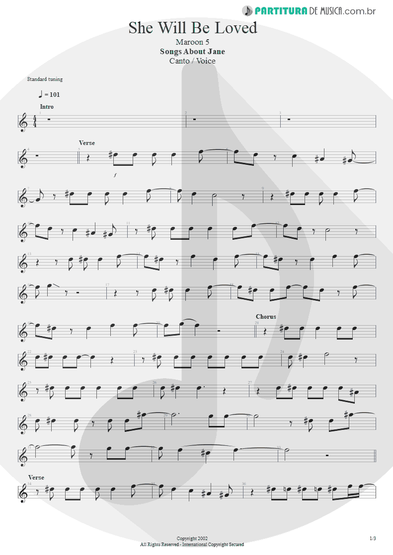 Partitura de musica de Canto - She Will Be Loved | Maroon 5 | Songs About Jane 2002 - pag 1