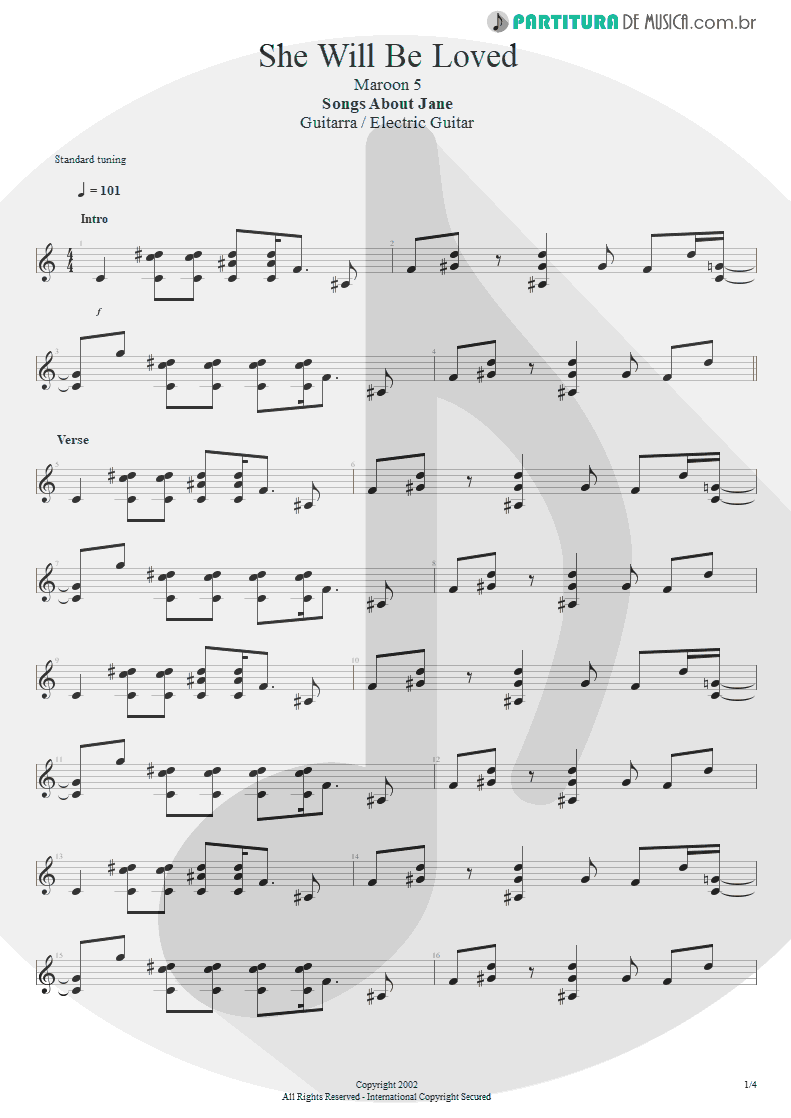 Partitura de musica de Guitarra Elétrica - She Will Be Loved | Maroon 5 | Songs About Jane 2002 - pag 1