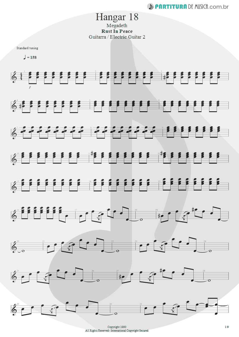 Partitura de musica de Guitarra Elétrica - Hangar 18 | Megadeth | Rust in Peace 1990 - pag 1