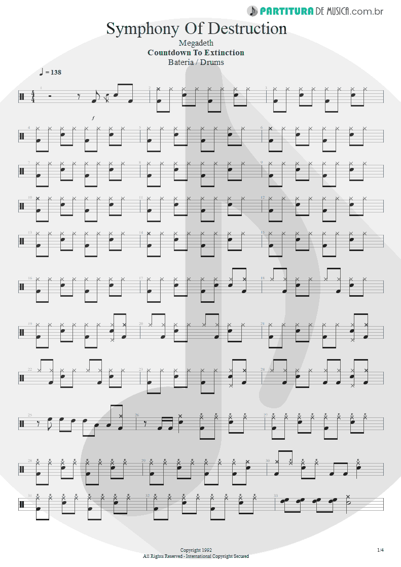 Partitura de musica de Bateria - Symphony Of Destruction | Megadeth | Countdown to Extinction 1992 - pag 1