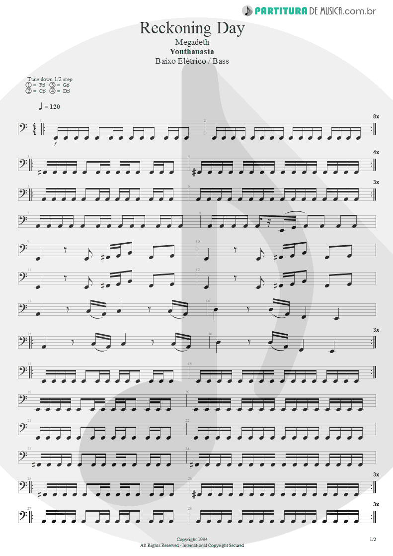 Partitura de musica de Baixo Elétrico - Reckoning Day | Megadeth | Youthanasia 1994 - pag 1