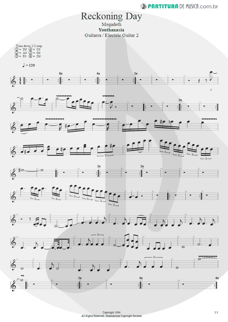 Partitura de musica de Guitarra Elétrica - Reckoning Day | Megadeth | Youthanasia 1994 - pag 1