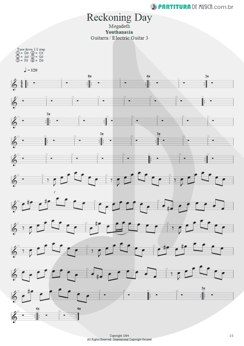 Partitura de musica de Guitarra Elétrica - Reckoning Day | Megadeth | Youthanasia 1994 - pag 1