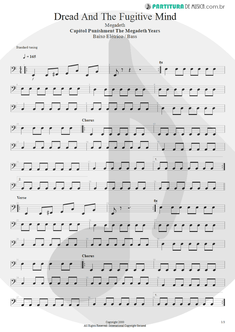 Partitura de musica de Baixo Elétrico - Dread And The Fugitive Mind | Megadeth | Capitol Punishment: The Megadeth Years 2000 - pag 1