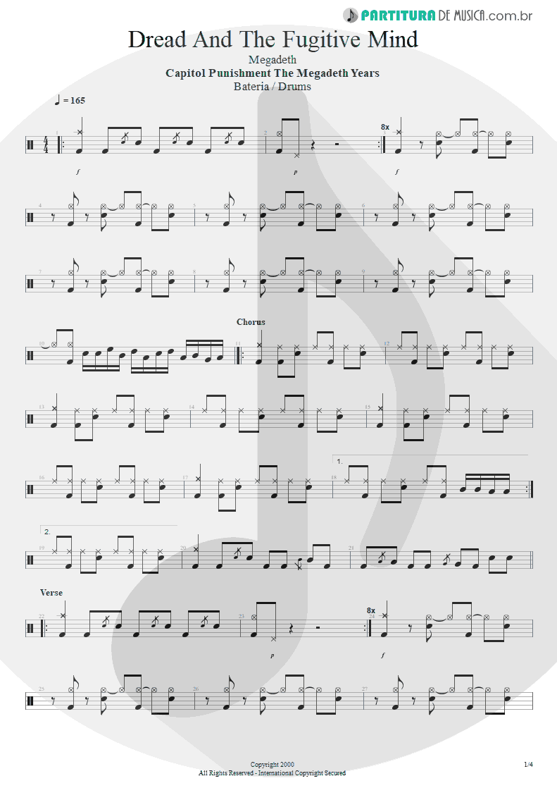 Partitura de musica de Bateria - Dread And The Fugitive Mind | Megadeth | Capitol Punishment: The Megadeth Years 2000 - pag 1