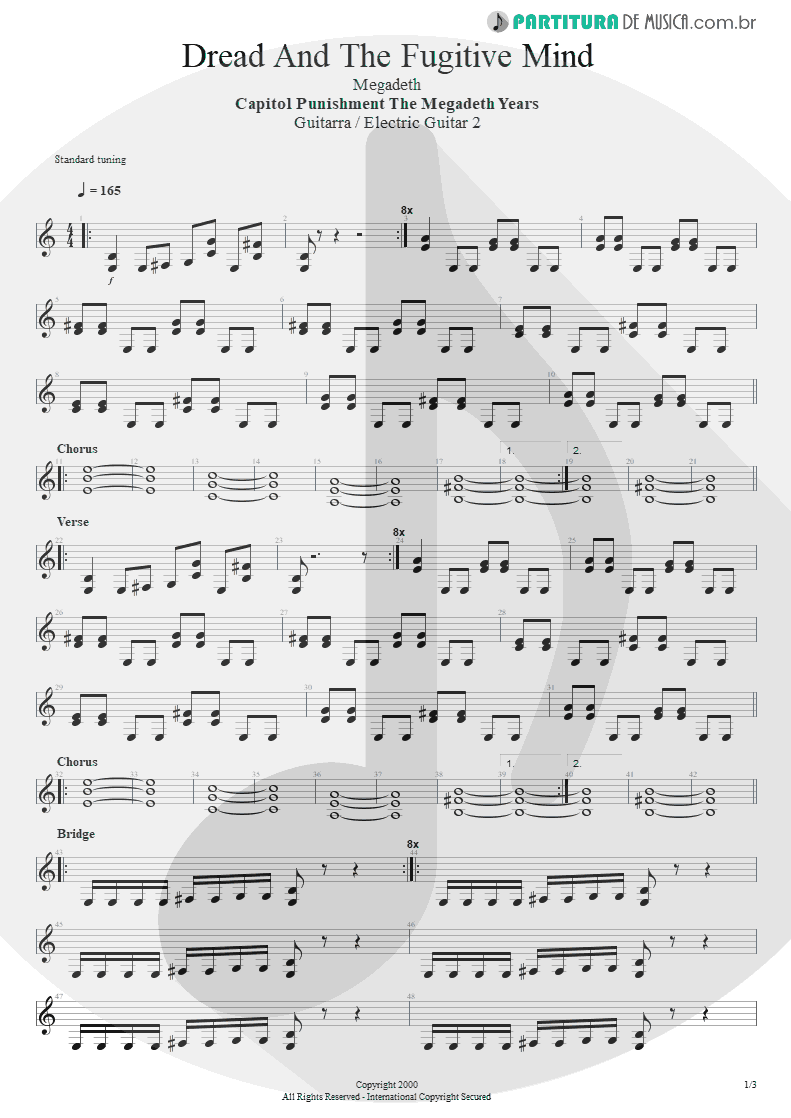 Partitura de musica de Guitarra Elétrica - Dread And The Fugitive Mind | Megadeth | Capitol Punishment: The Megadeth Years 2000 - pag 1