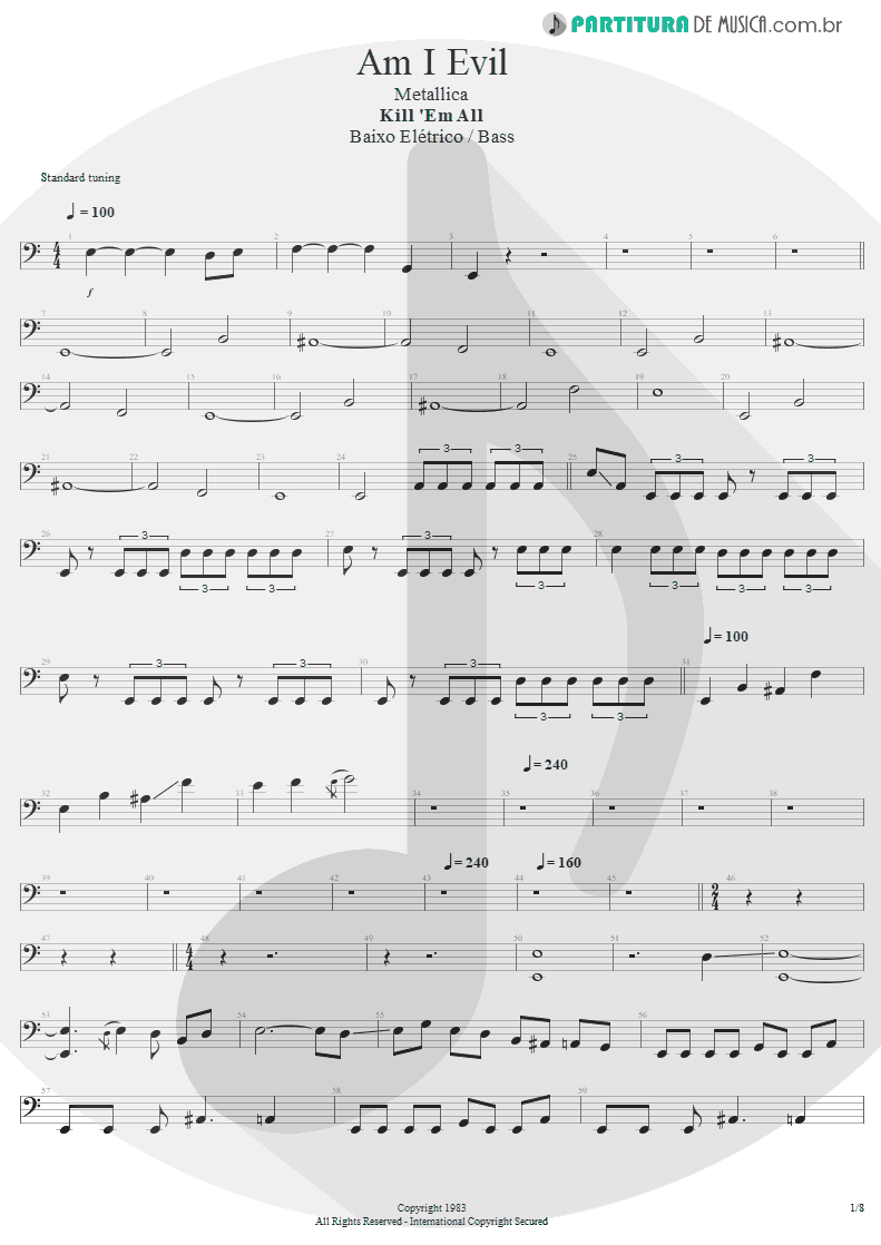 Partitura de musica de Baixo Elétrico - Am I Evil? | Metallica | Kill 'Em All 1983 - pag 1