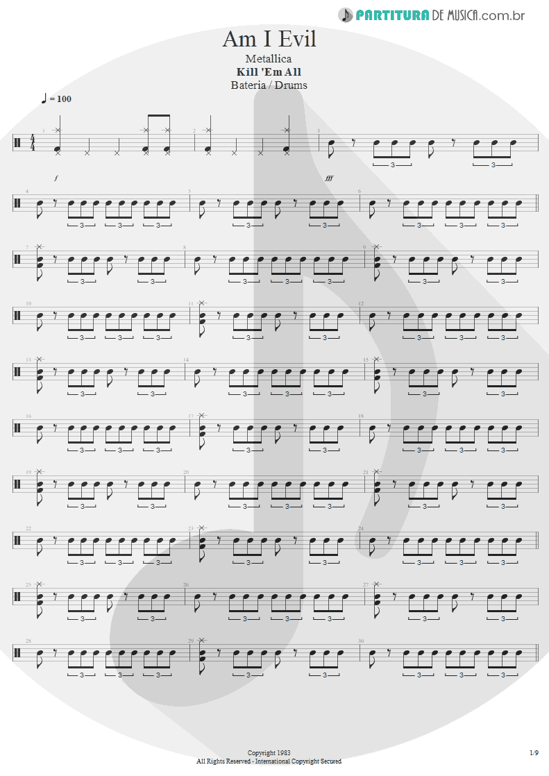 Partitura de musica de Bateria - Am I Evil? | Metallica | Kill 'Em All 1983 - pag 1