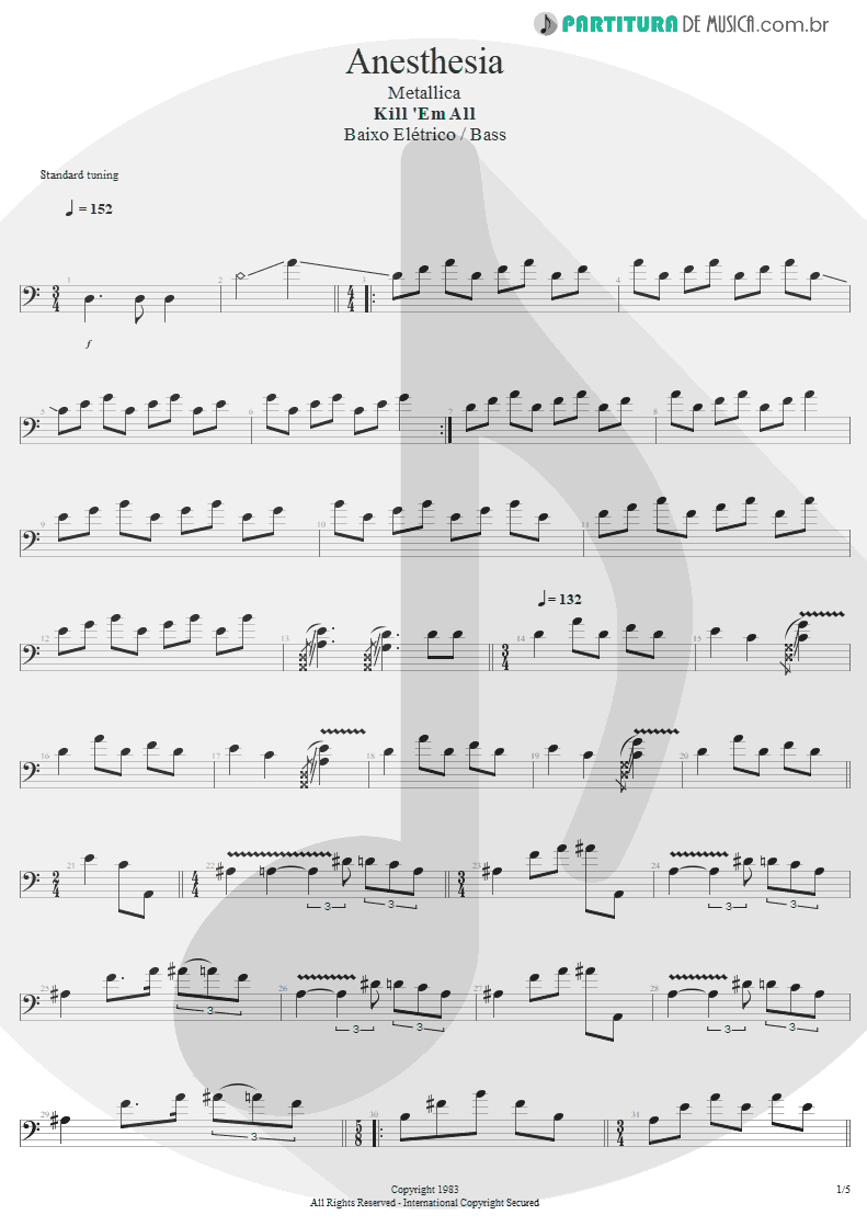 Partitura de musica de Baixo Elétrico - Anesthesia | Metallica | Kill 'Em All 1983 - pag 1