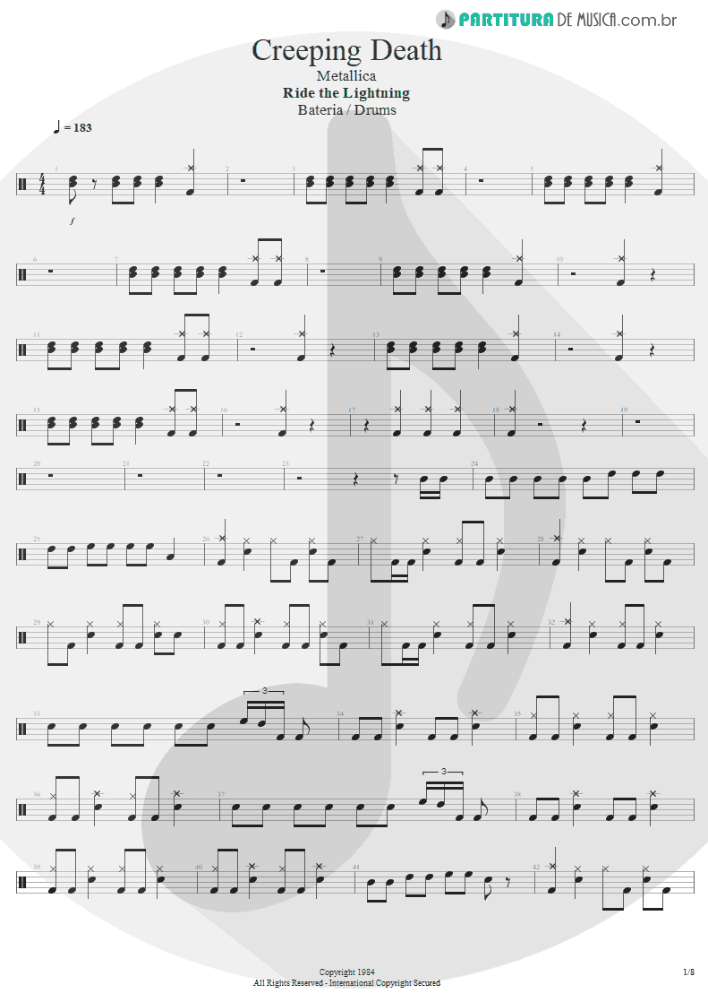 Partitura de musica de Bateria - Creeping Death | Metallica | Ride the Lightning 1984 - pag 1