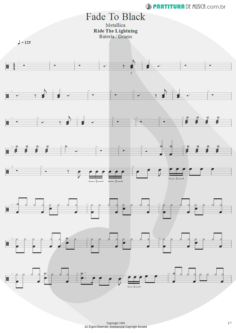 Partitura de musica de Bateria - Fade To Black | Metallica | Ride the Lightning 1984 - pag 1