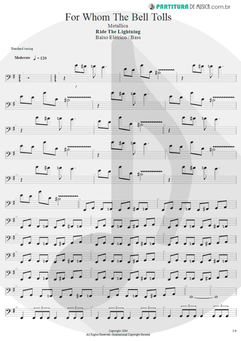 Partitura de musica de Baixo Elétrico - For Whom The Bell Tolls | Metallica | Ride the Lightning 1984 - pag 1