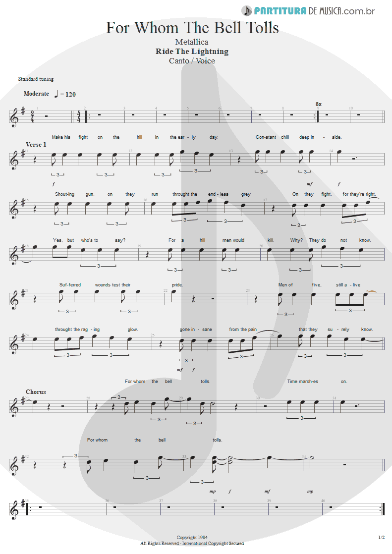 Partitura de musica de Canto - For Whom The Bell Tolls | Metallica | Ride the Lightning 1984 - pag 1