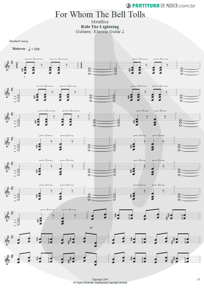 Partitura de musica de Guitarra Elétrica - For Whom The Bell Tolls | Metallica | Ride the Lightning 1984 - pag 1