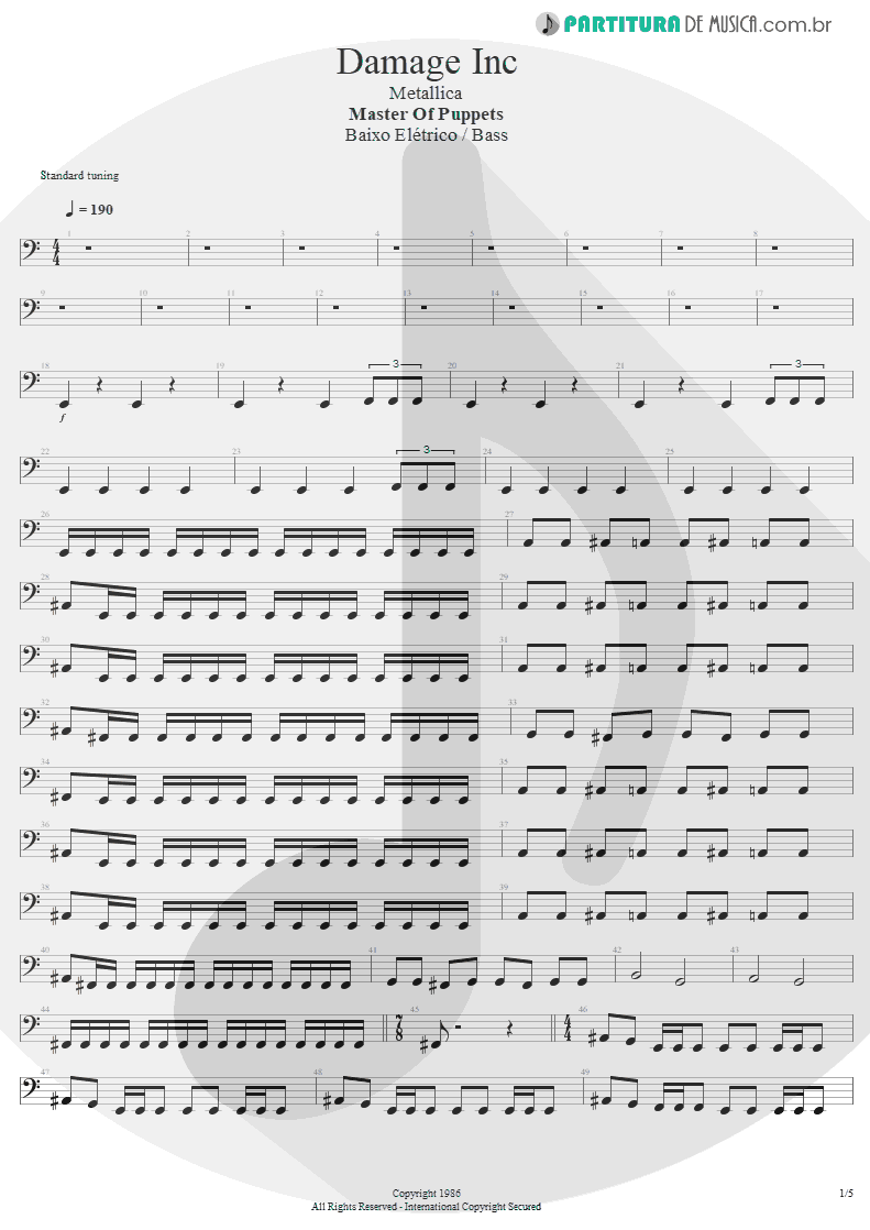 Partitura de musica de Baixo Elétrico - Damage, Inc. | Metallica | Master of Puppets 1986 - pag 1