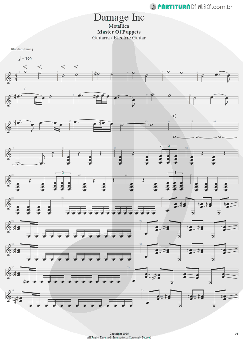 Partitura de musica de Guitarra Elétrica - Damage, Inc. | Metallica | Master of Puppets 1986 - pag 1