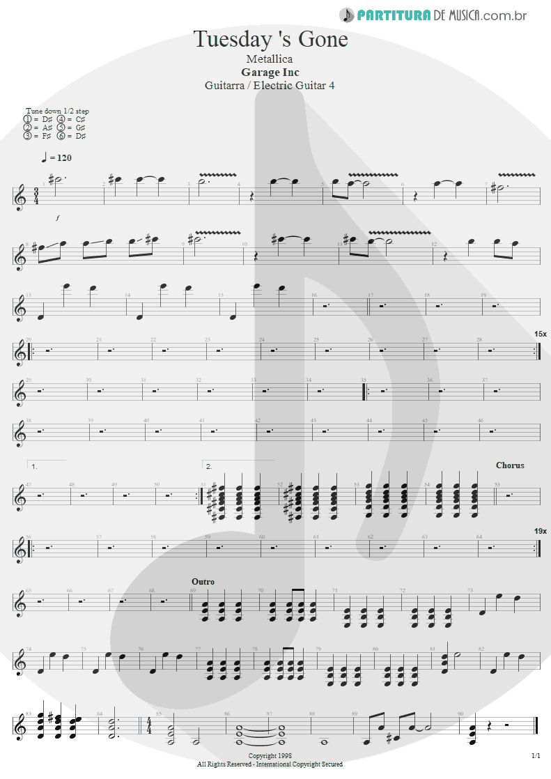 Partitura de musica de Guitarra Elétrica - Tuesday's Gone | Metallica | Garage Inc. 1998 - pag 1