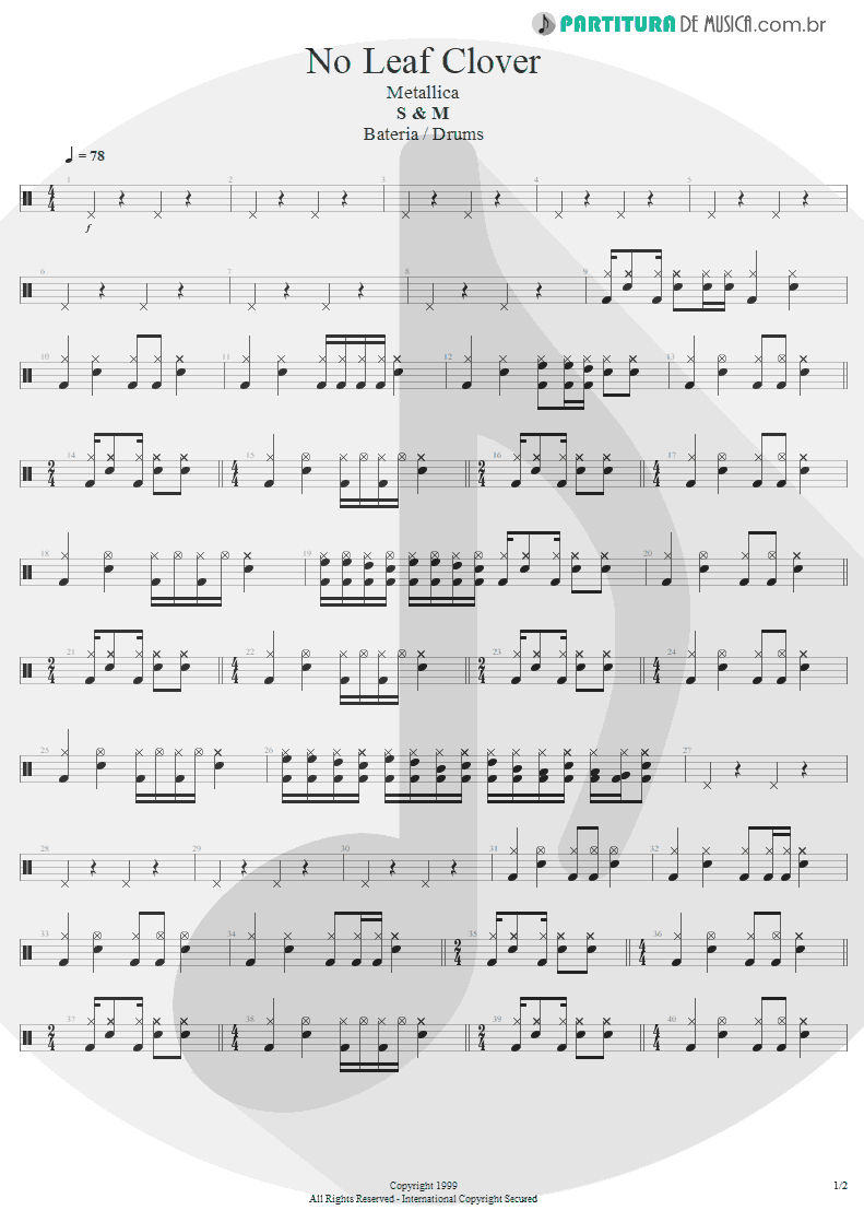 Partitura de musica de Bateria - No Leaf Clover | Metallica | S & M 1999 - pag 1