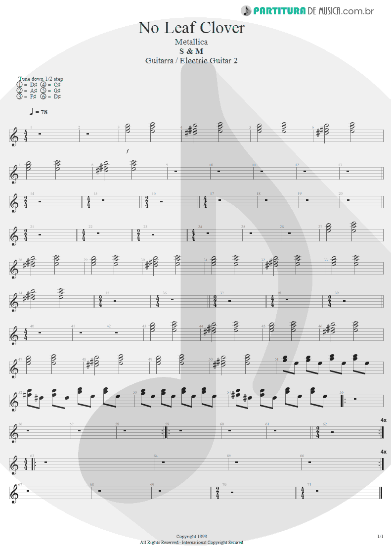 Partitura de musica de Guitarra Elétrica - No Leaf Clover | Metallica | S & M 1999 - pag 1