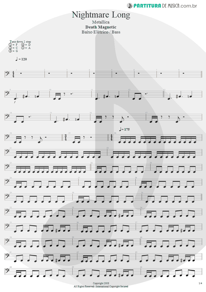 Partitura de musica de Baixo Elétrico - All Nightmare Long | Metallica | Death Magnetic 2008 - pag 1