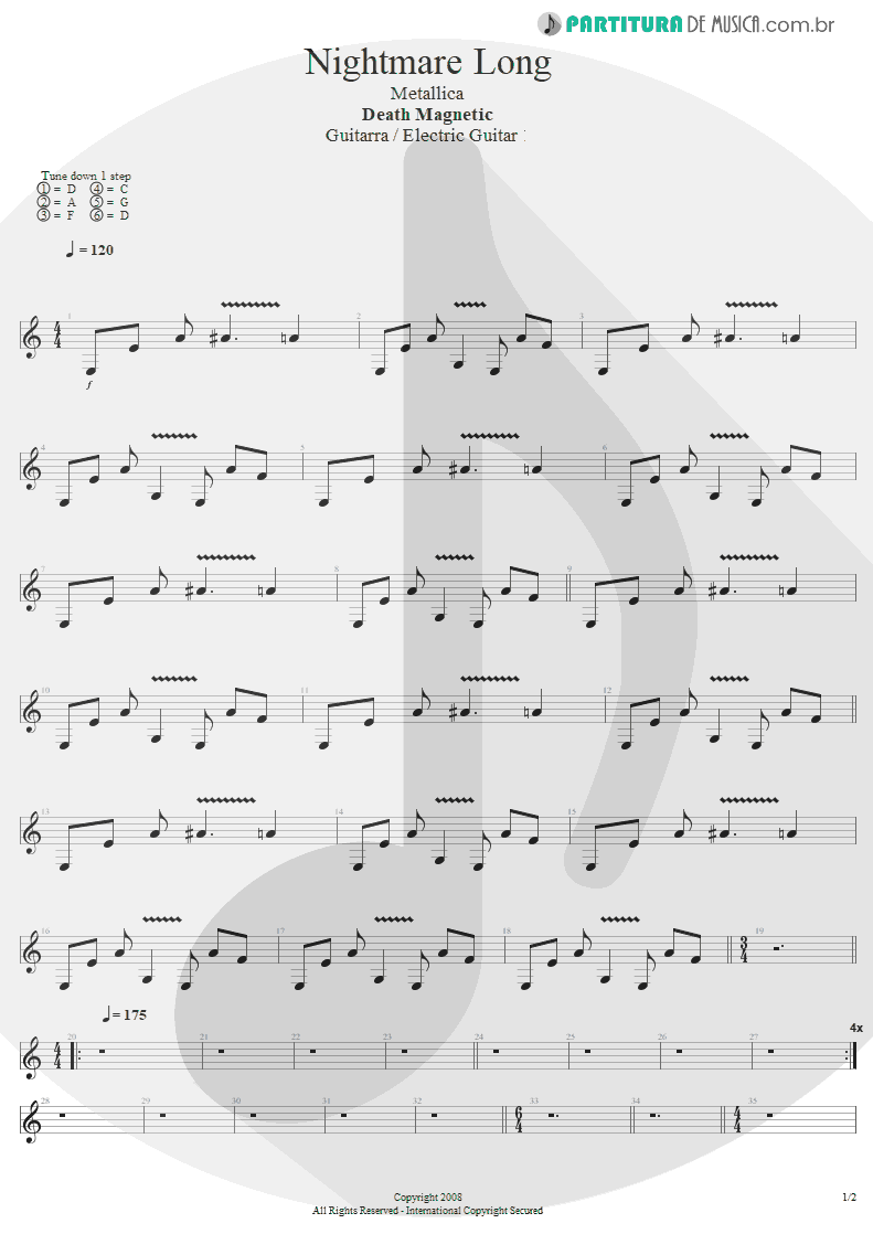 Partitura de musica de Guitarra Elétrica - All Nightmare Long | Metallica | Death Magnetic 2008 - pag 1