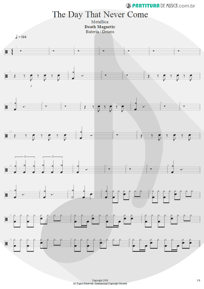 Partitura de musica de Bateria - The Day That Never Come | Metallica | Death Magnetic 2008 - pag 1