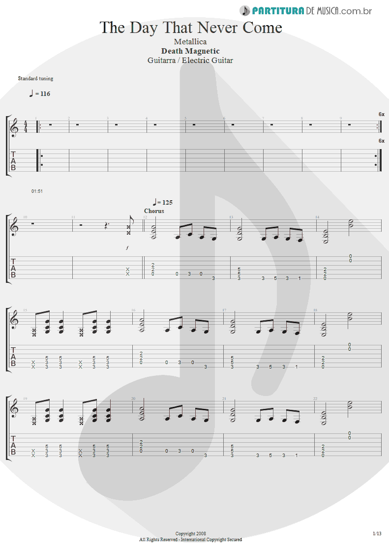 Tablatura + Partitura de musica de Guitarra Elétrica - The Day That Never Come | Metallica | Death Magnetic 2008 - pag 1