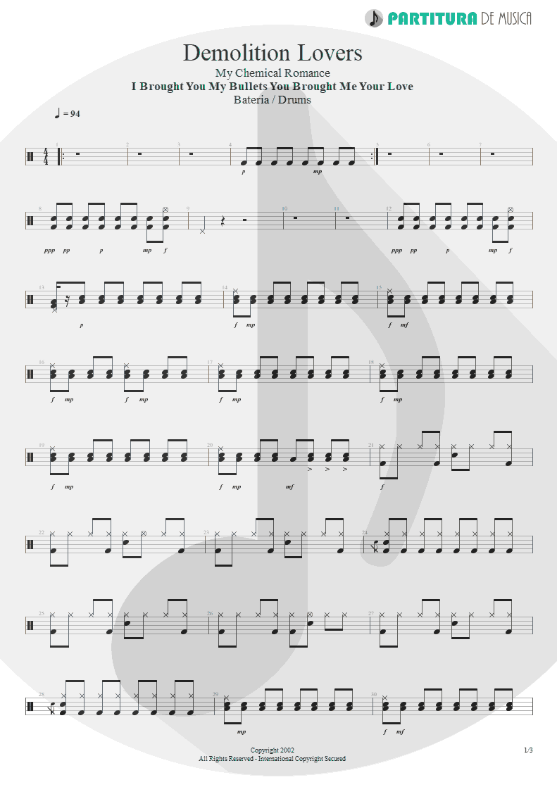 Partitura de musica de Bateria - Demolition Lovers | My Chemical Romance | I Brought You My Bullets, You Brought Me Your Love 2002 - pag 1