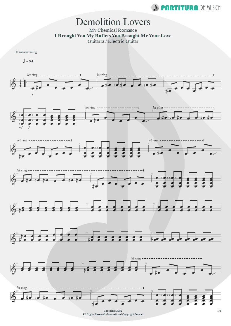 Partitura de musica de Guitarra Elétrica - Demolition Lovers | My Chemical Romance | I Brought You My Bullets, You Brought Me Your Love 2002 - pag 1