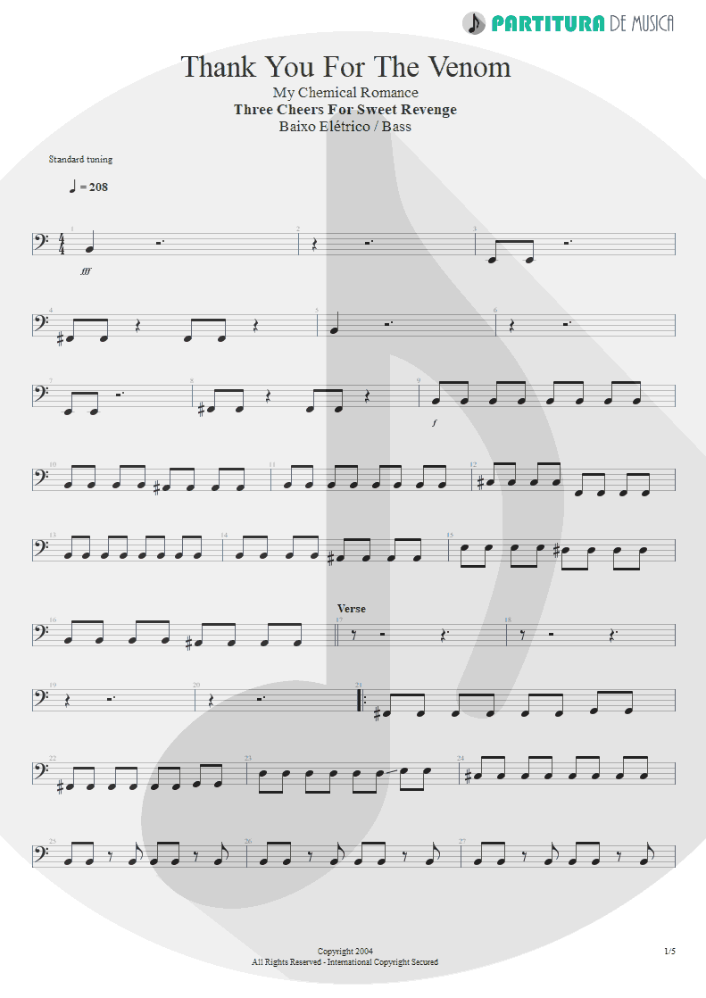 Partitura de musica de Baixo Elétrico - Thank You For The Venom | My Chemical Romance | Three Cheers For Sweet Revenge 2004 - pag 1