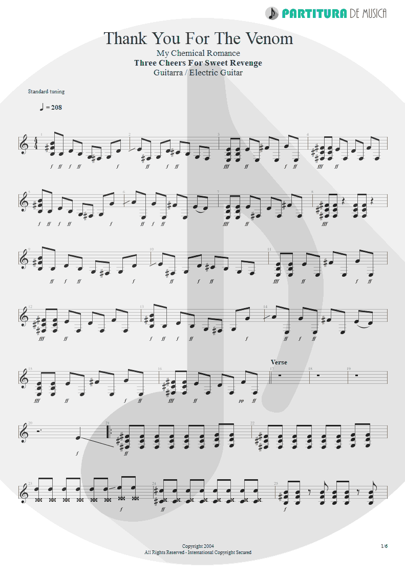 Partitura de musica de Guitarra Elétrica - Thank You For The Venom | My Chemical Romance | Three Cheers For Sweet Revenge 2004 - pag 1