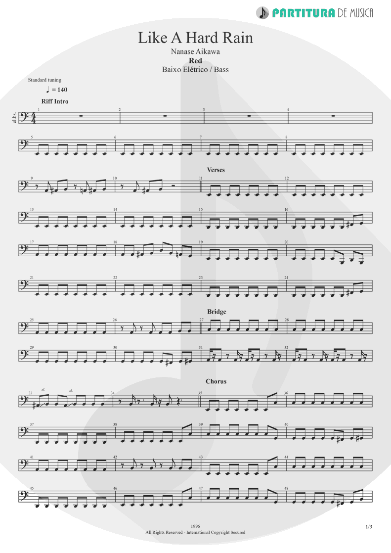 Partitura de musica de Baixo Elétrico - Like A Hard Rain | Nanase Aikawa | Red 1996 - pag 1