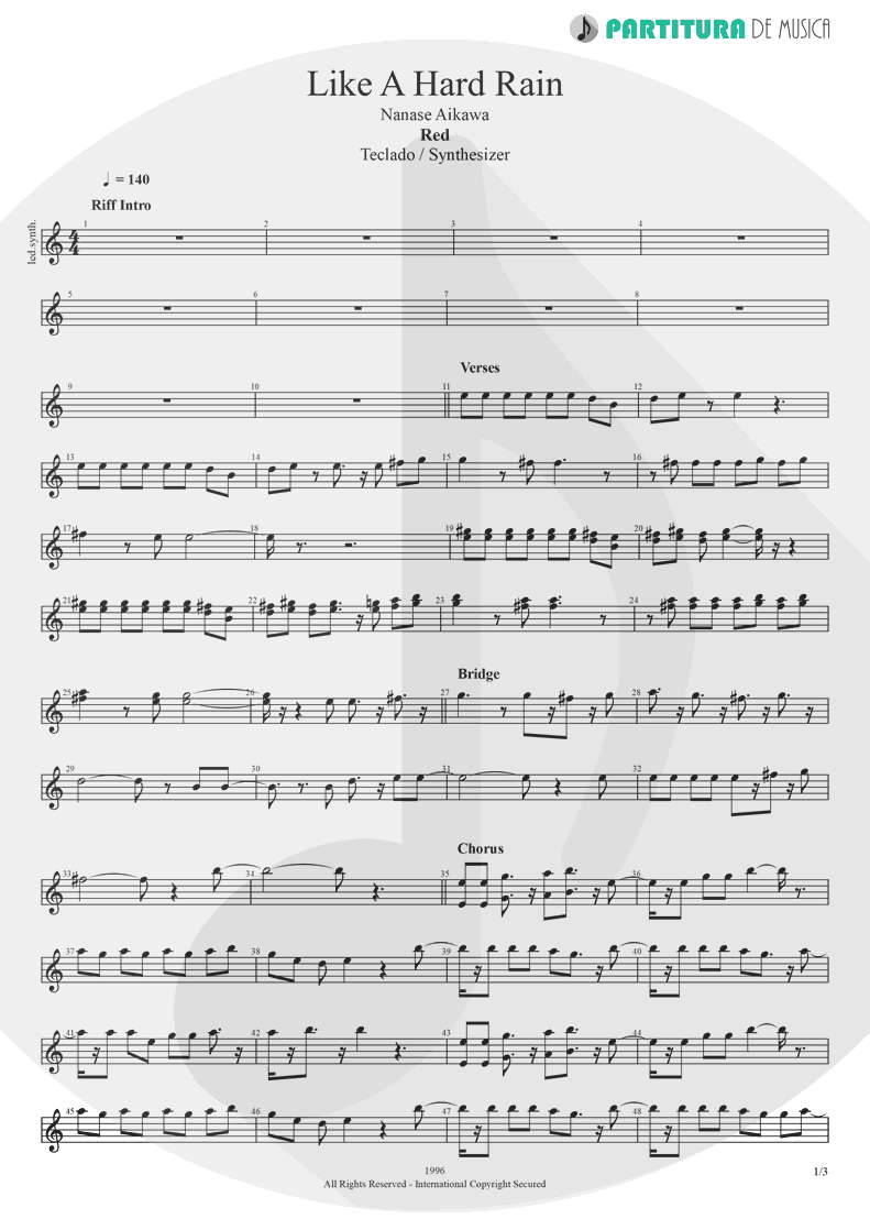 Partitura de musica de Teclado - Like A Hard Rain | Nanase Aikawa | Red 1996 - pag 1