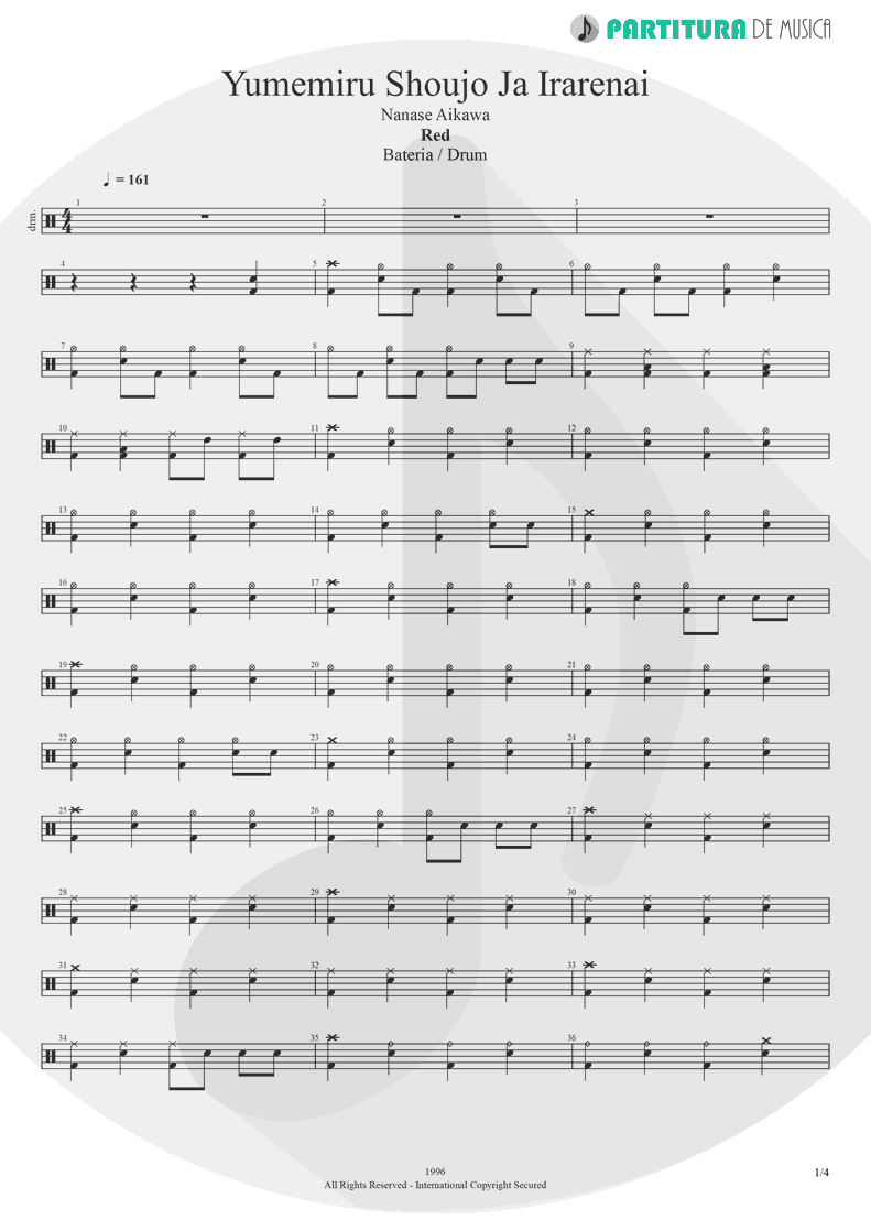 Partitura de musica de Bateria - Yumemiru Shoujo Ja Irarenai | Nanase Aikawa | Red 1996 - pag 1