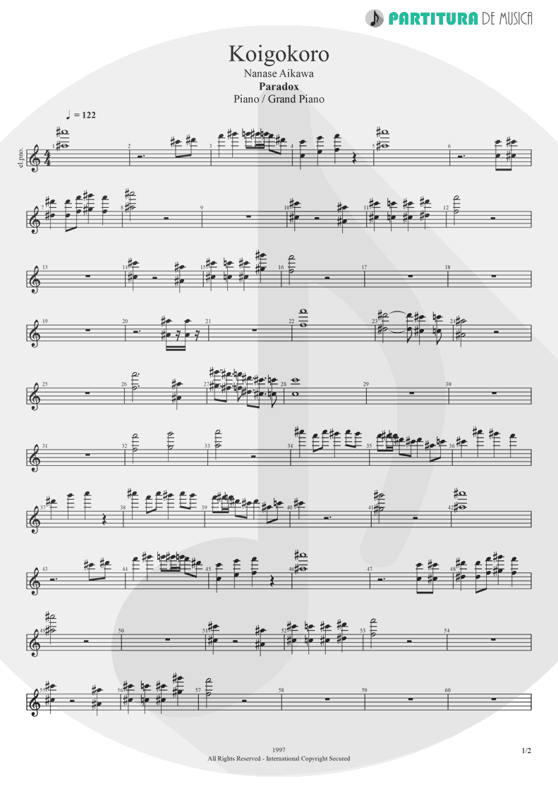 Partitura de musica de Piano - Koigokoro | Nanase Aikawa | Paradox 1997 - pag 1