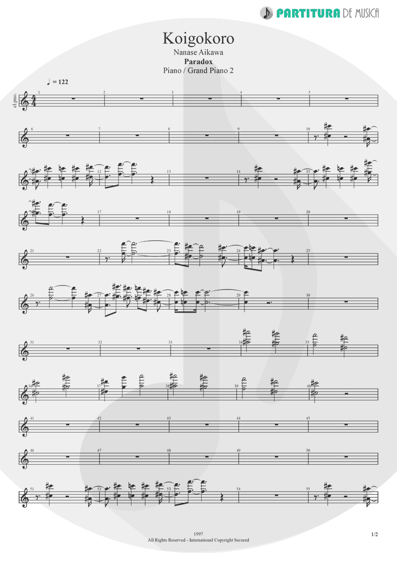 Partitura de musica de Piano - Koigokoro | Nanase Aikawa | Paradox 1997 - pag 1